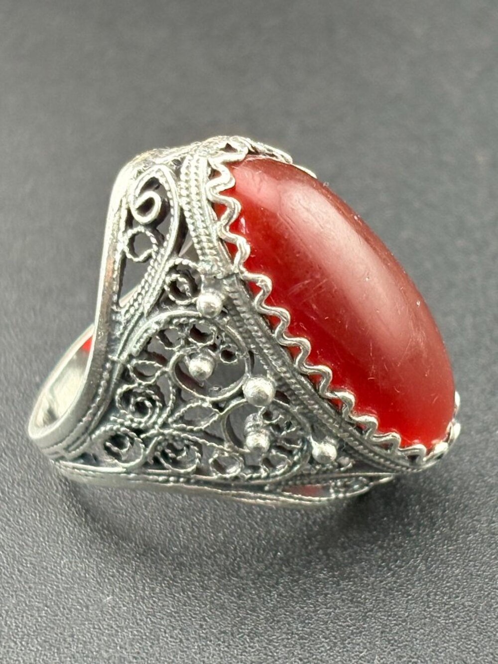925 Sterling Silver Filigree Vintage Ring MEXICO Cabochon Carnelian Band Sz 6.5
